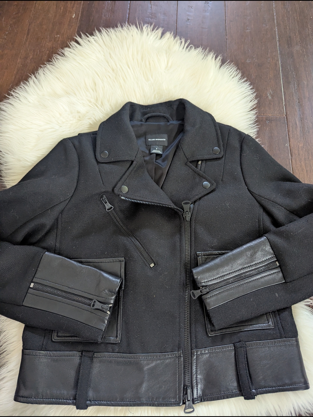 Club Monaco Wool Leather Moto Full Zip Jacket Black Size 6